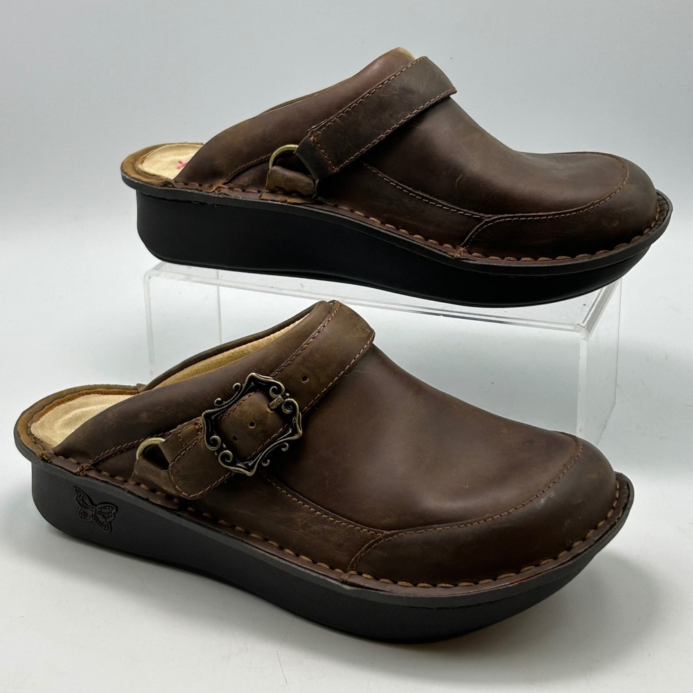 Alegria Seville Clogs Womens 37 Brown Leather Swivel Strap Mules Boho Gorpcore